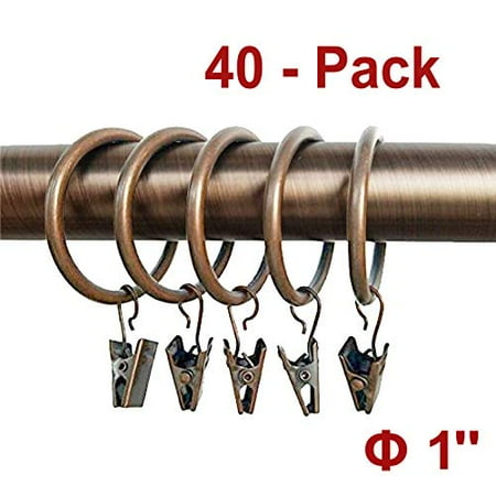 DAINTIER 42 Pack Curtain Rings with Clips Decorative Drapery Rustproof Vintage 1 Inch Interior Diameter Brown